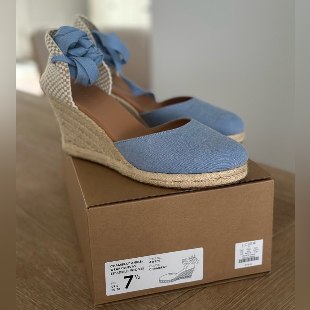 Chambray ankle wrap espadrille wedges